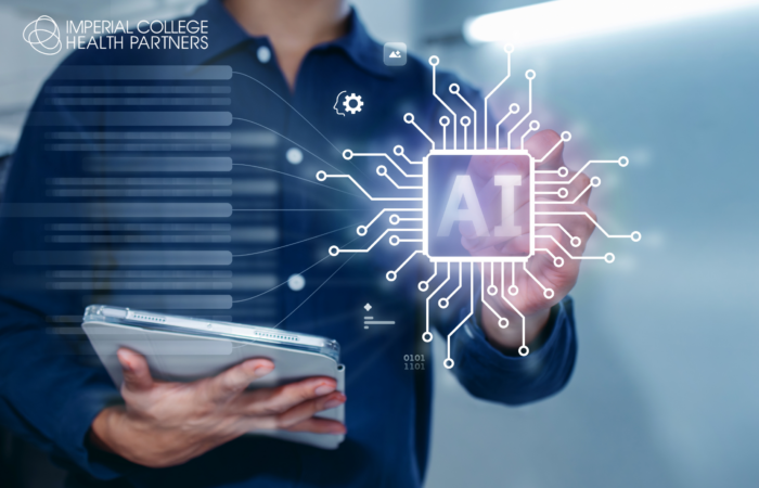 A picture of a person holding a laptop and pressing an AI button