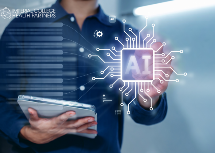 AI adoption report for NHS workforce A picture of a person holding a laptop and pressing an AI button
