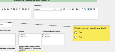 Screenshot of the Cerner caesarean section surgical details form, with the new question "Was impacted head identified?" and Yes or No options highlighted in yellow.